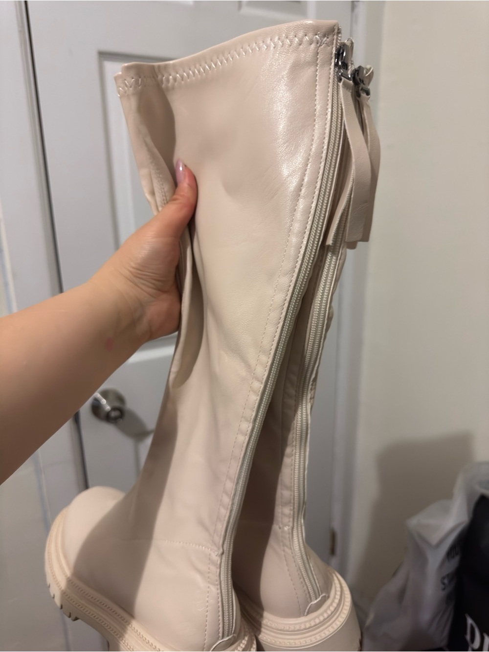 Knee-High Chunky Lug Sole Boots in Cream - Women's Ankle & Bootie Style - Picture 4 of 5